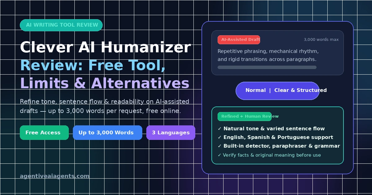 Clever AI Humanizer free review showing AI text humanizer features, 3,000-word limit and writing styles